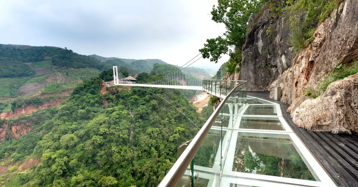 Explore the breathtaking glass bridge set amidst Vietnam's lush green mountains, a traveler's dream destination.