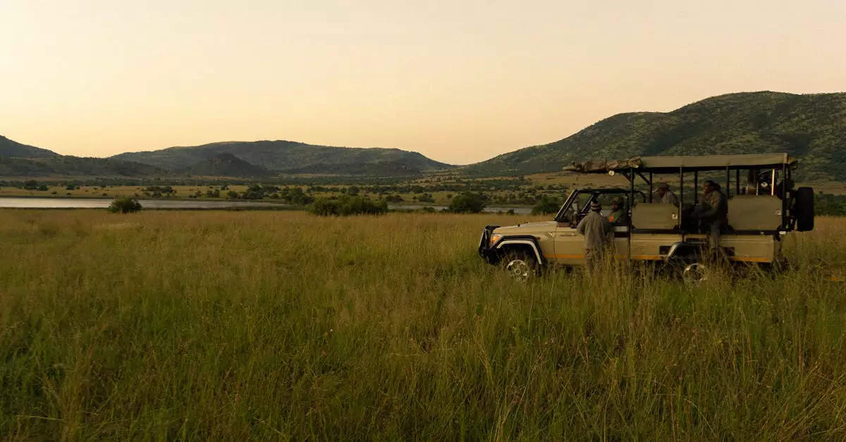 A safari jeep with people observing wildlife at dusk in Pilanesberg National Park, South Africa.
