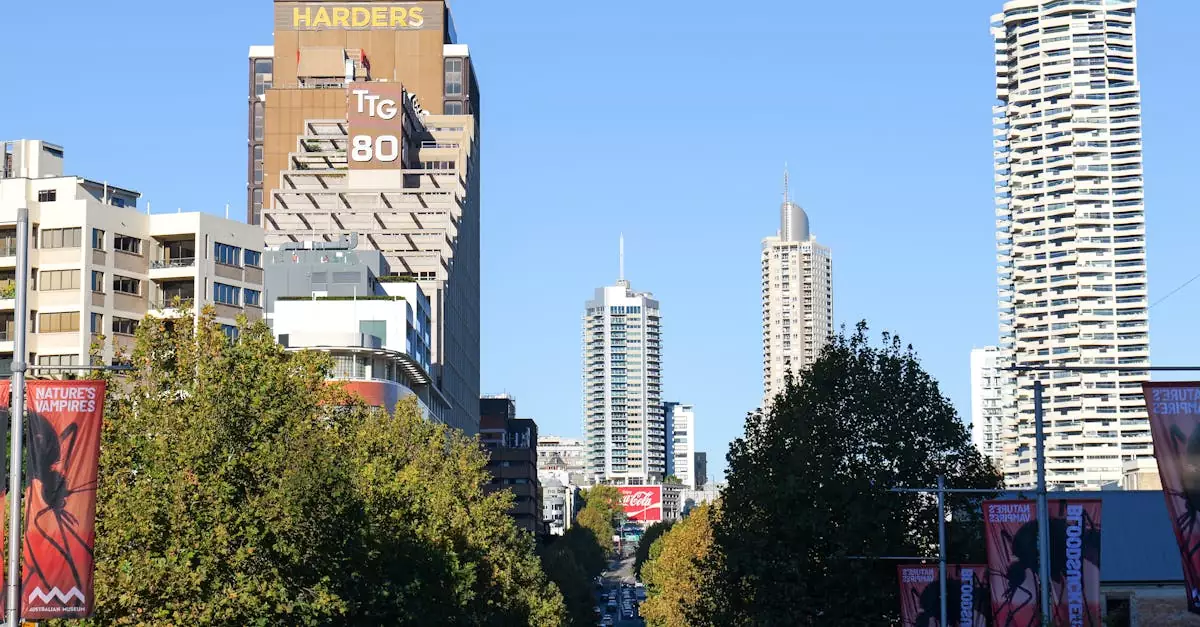 View of downtown Sydney with skyscrapers, trees, and clear blue skies.