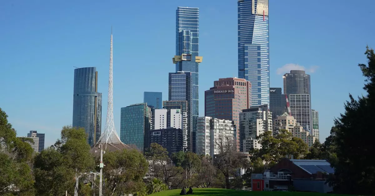 Melbourne's iconic skyline with Eureka Tower and Arts Centre Spire from Alexandra Gardens.