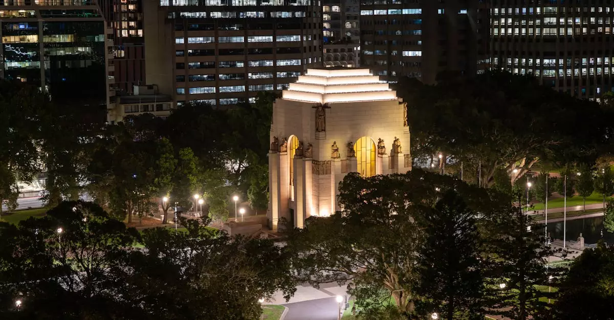 Night view of the illuminated Anzac Memorial in Hyde Park, Sydney, Australia.
