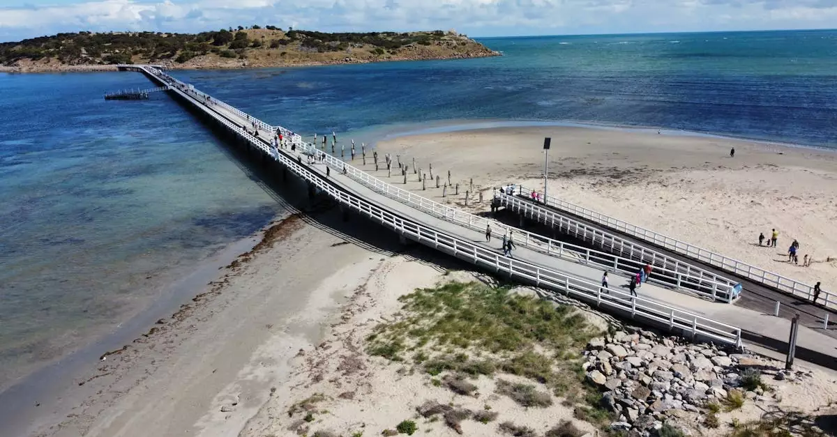 Scenic aerial shot of a footbridge connecting Victor Harbor to an island in Australia.
