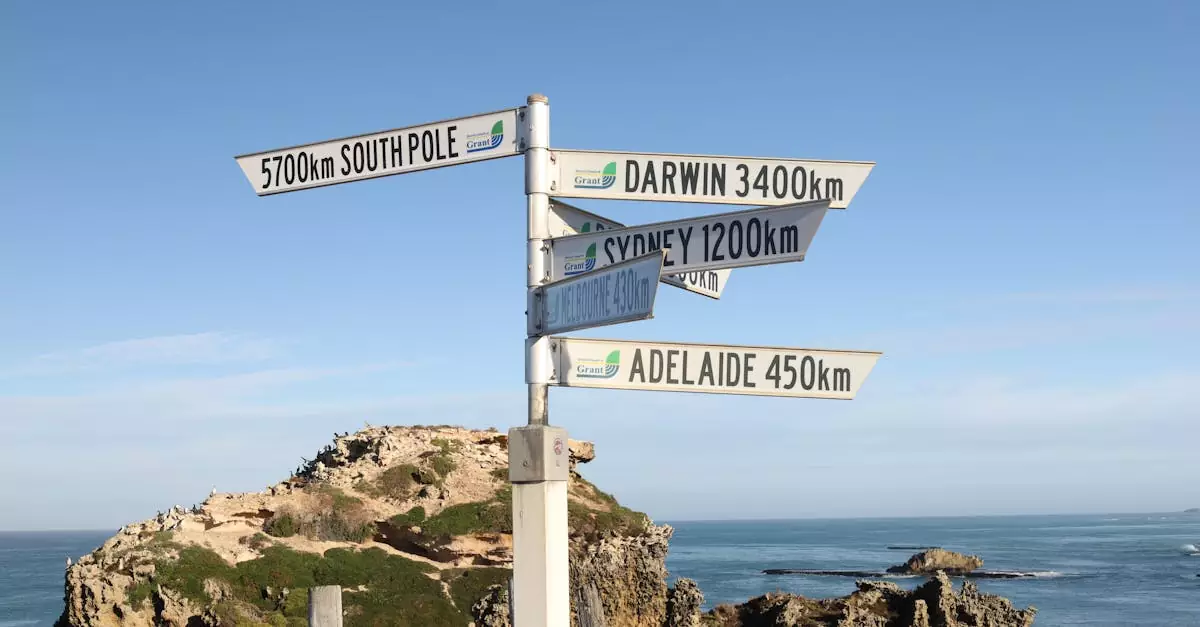 Signpost near Port Macdonnell with directions to major Australian cities and landmarks.
