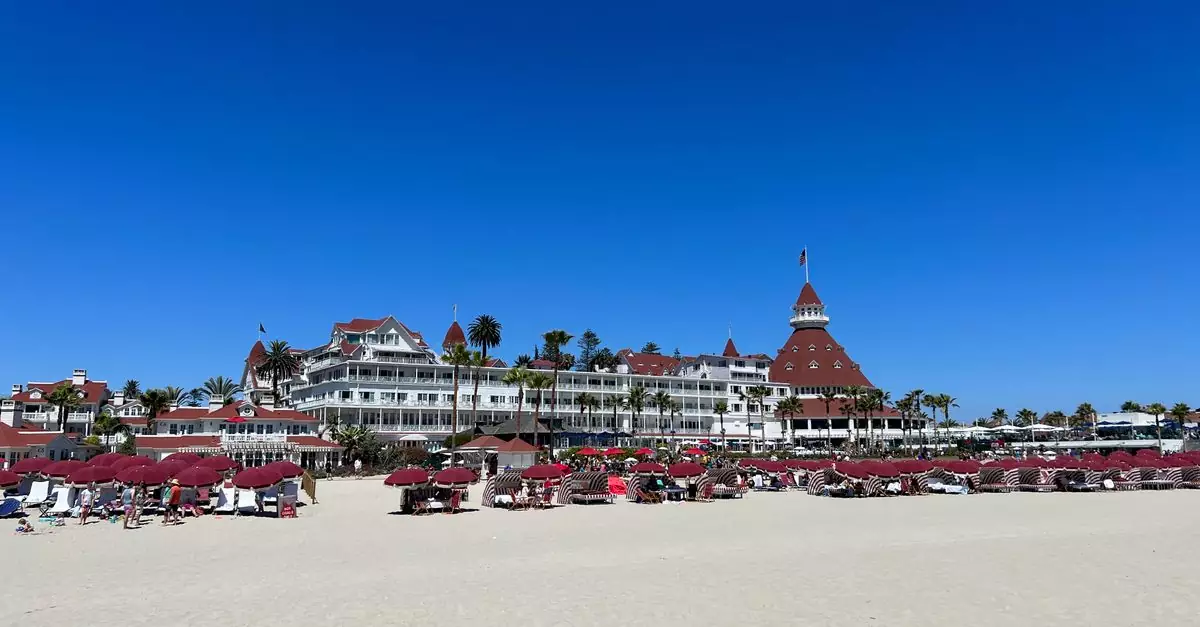 Sunny day at Hotel del Coronado beach with umbrellas and clear blue skies.