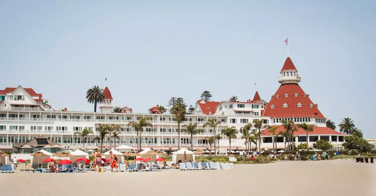 Historic Hotel del Coronado with vibrant beach scene, perfect summer travel destination.