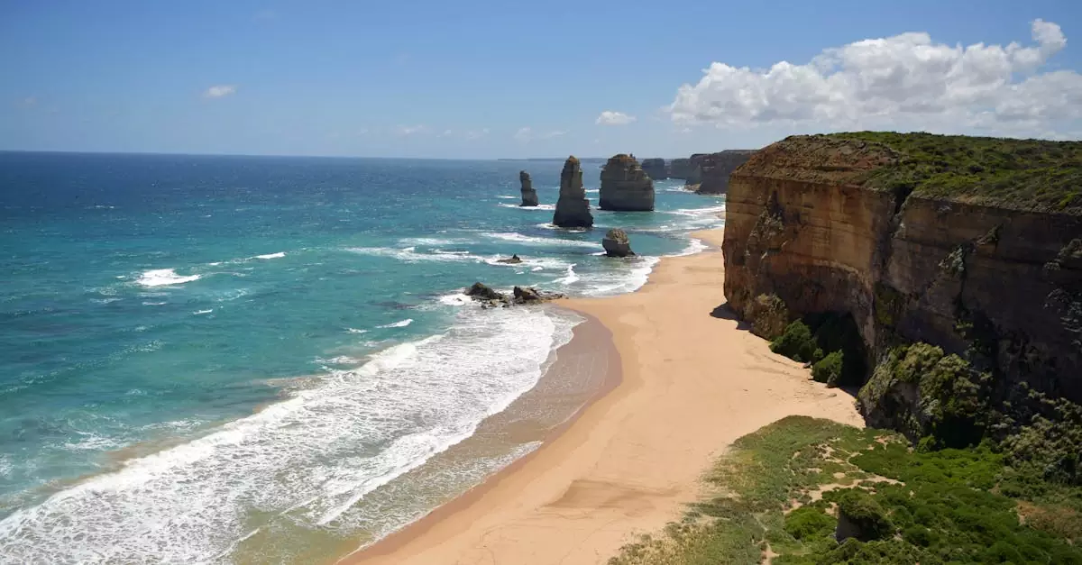 Majestic aerial view of the Twelve Apostles along Australia's Great Ocean Road, a must-see natural landmark.