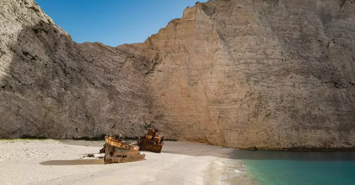 Iconic shipwreck at Navagio Beach, Zakynthos. Stunning cliffs and turquoise sea highlight this breathtaking landscape.