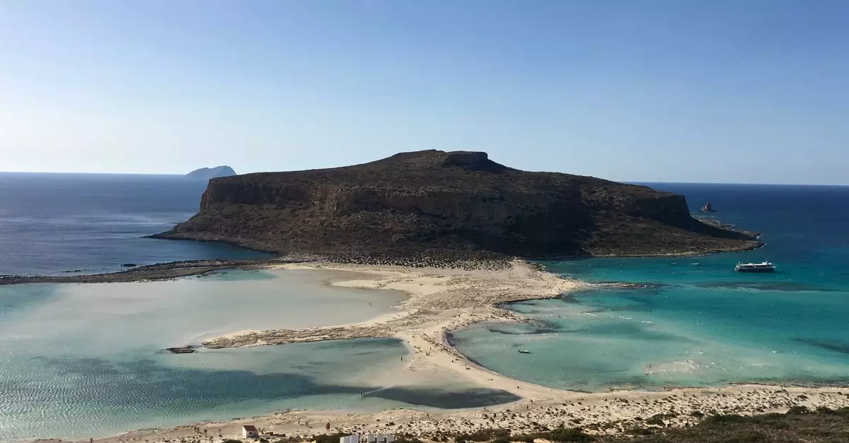 A beautiful aerial shot of Balos Lagoon in Chania, Greece capturing the clear turquoise waters and scenic coastline.