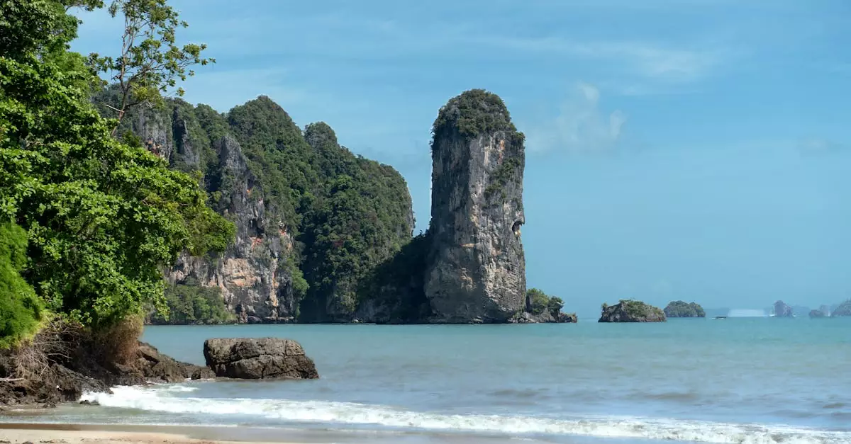 Majestic limestone cliffs and blue sea at Ao Nang Beach, Krabi, perfect for tropical travel inspiration.