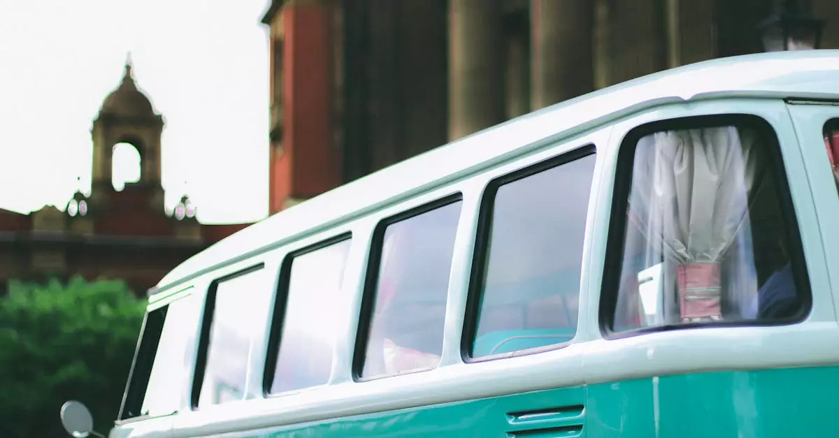 A classic Volkswagen campervan parked near historic architecture on a sunny day.