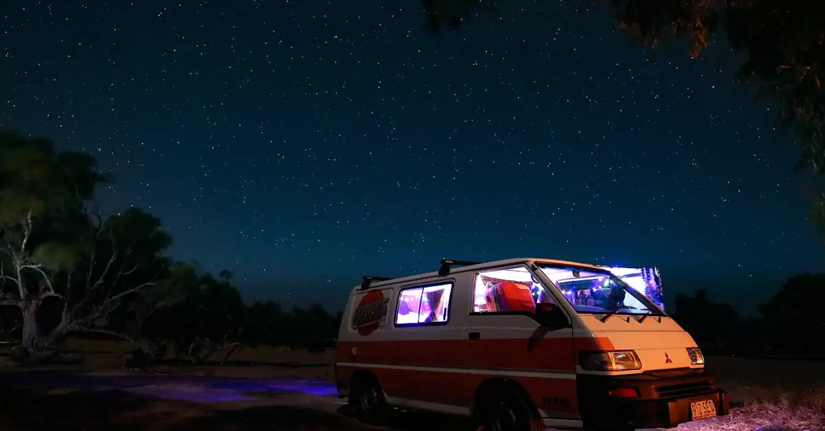 A campervan parked under a starry night sky in the Australian outback, offering a tranquil nature adventure.