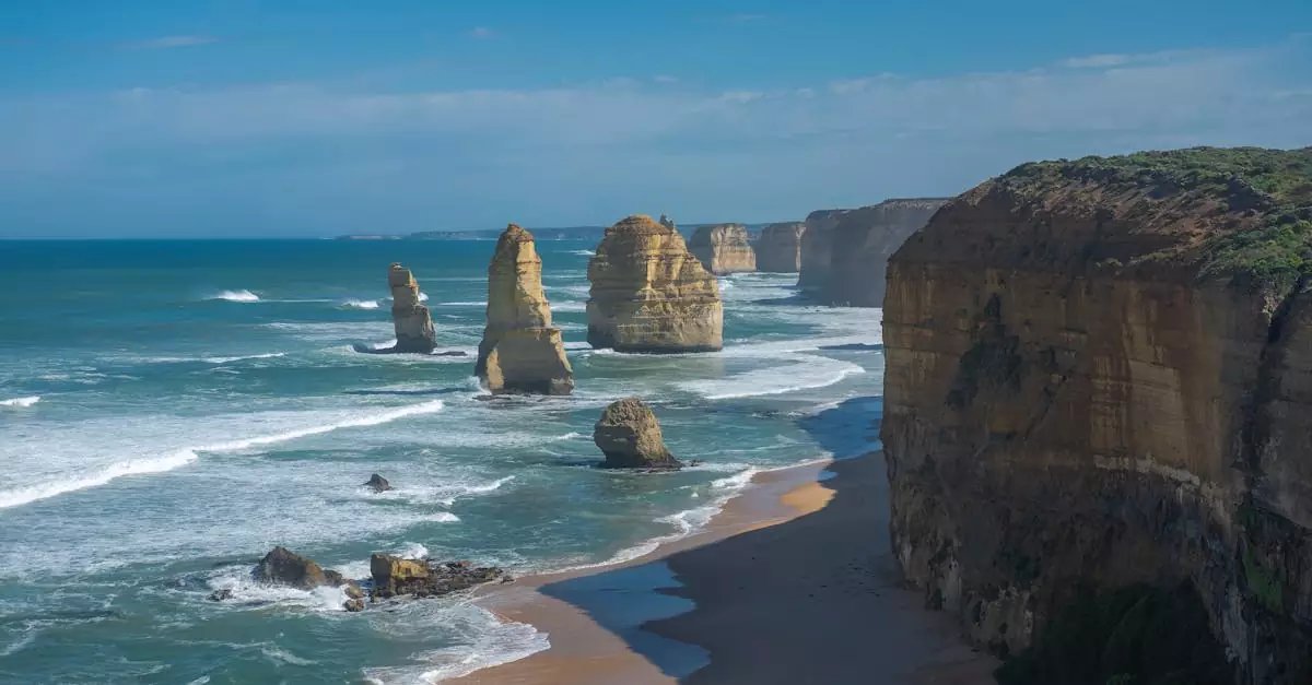 Breathtaking coastal view of The Twelve Apostles rock formations along the Great Ocean Road.