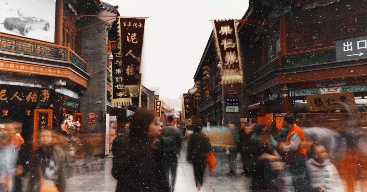 Dynamic street scene with blurred motion, showcasing traditional Asian architecture and signage.