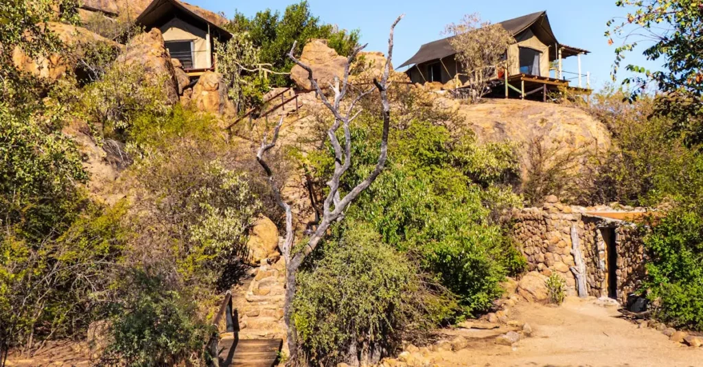 Rustic safari lodges surrounded by rocky landscape and desert vegetation, perfect for an adventurous retreat.