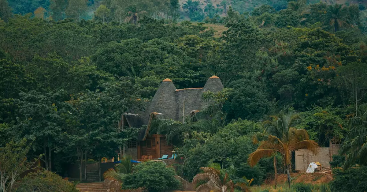 Secluded tropical lodge surrounded by dense forest, perfect for a nature retreat getaway.