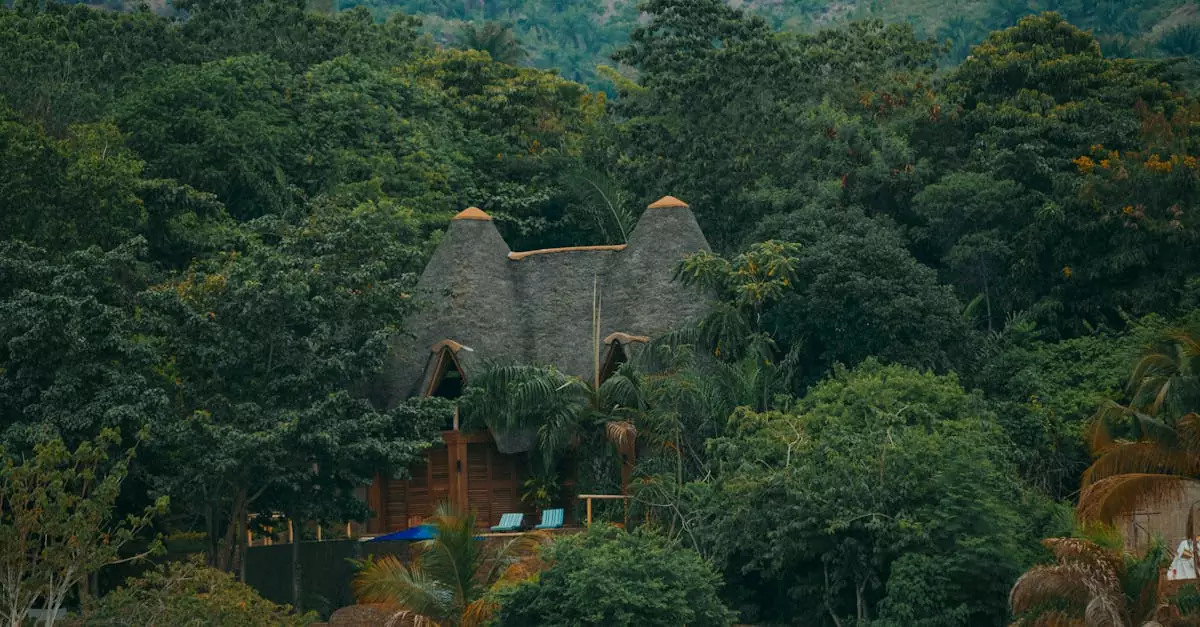 A rustic lodge with a thatched roof surrounded by lush greenery and hills.