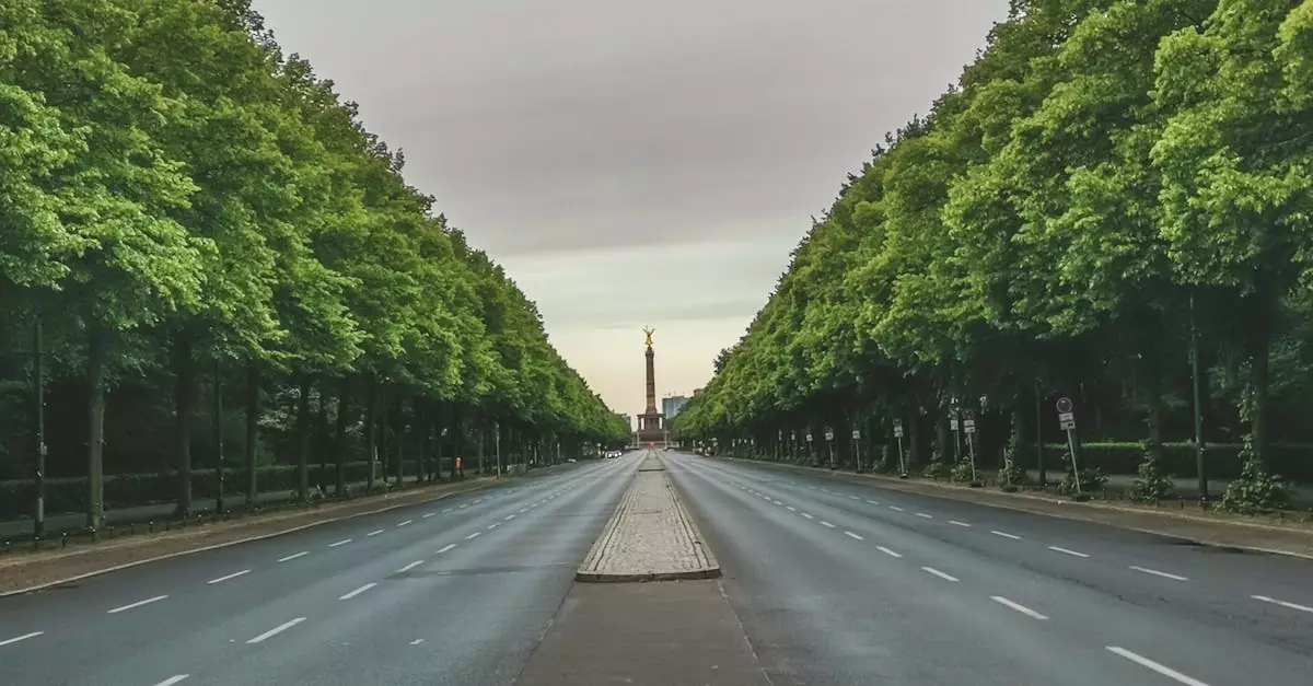 A tranquil urban avenue leads to a distant monument surrounded by lush trees, creating a serene and balanced scene.