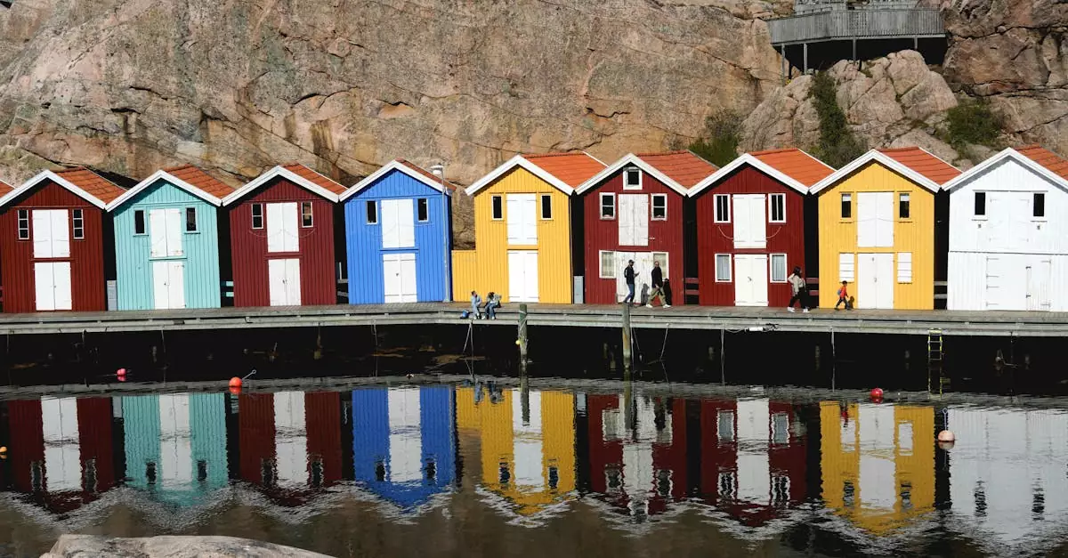 Vivid boat houses in Smögen, Sweden, reflecting on calm harbor waters, showcasing local Scandinavian charm.