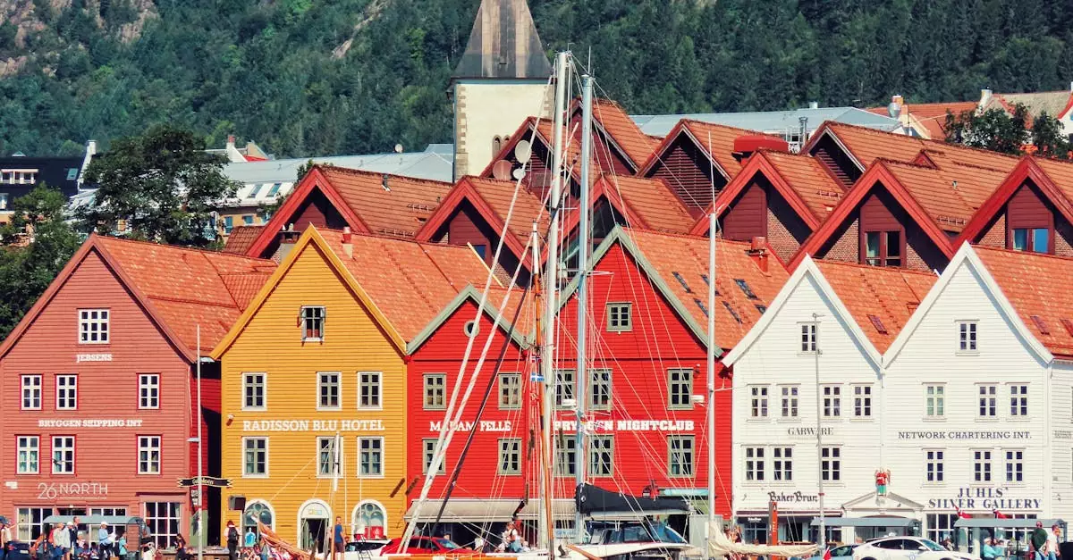 Charming scene of Bryggen waterfront in Bergen, Norway with vibrant buildings and boats.