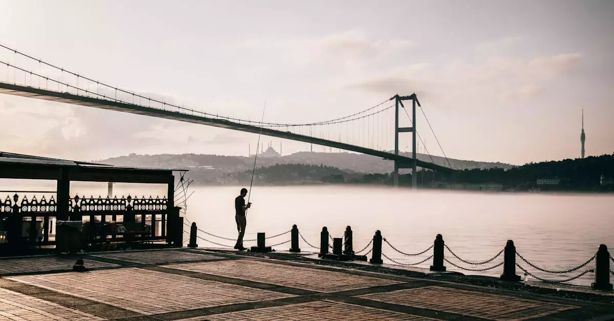 Fisherman silhouetted against the scenic Bosphorus Bridge in Istanbul at twilight.