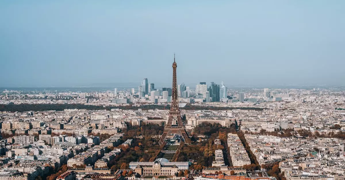 Breathtaking aerial view of Paris with Eiffel Tower, capturing iconic cityscape.