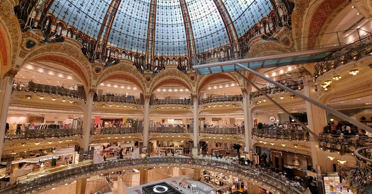 Stunning interior view of the Galeries Lafayette dome in Paris, France, highlighting intricate architecture.