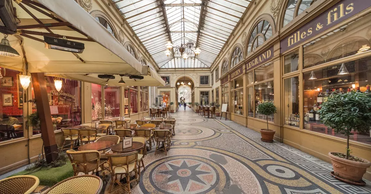 Discover the charm of Paris in a classic passage with ornate architecture, inviting café tables, and vintage shops.