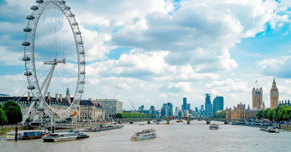 Capture of London's iconic skyline featuring the London Eye, Big Ben, and River Thames on a sunny day.