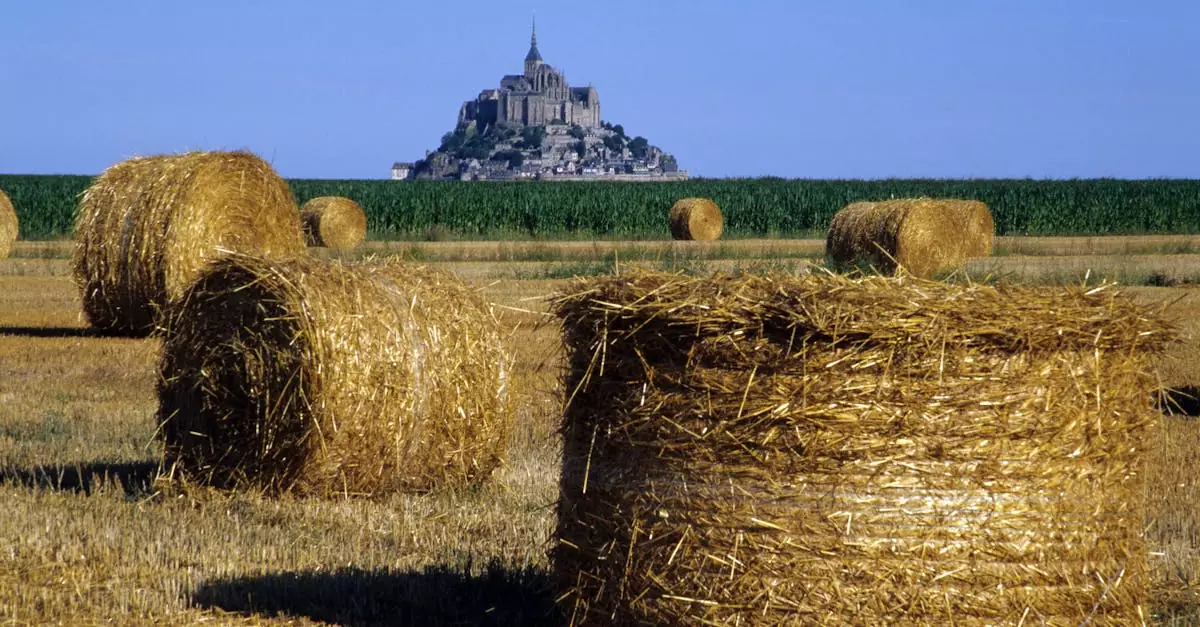 A picturesque view of Mont Saint-Michel with hay bales in the foreground under a clear sky.