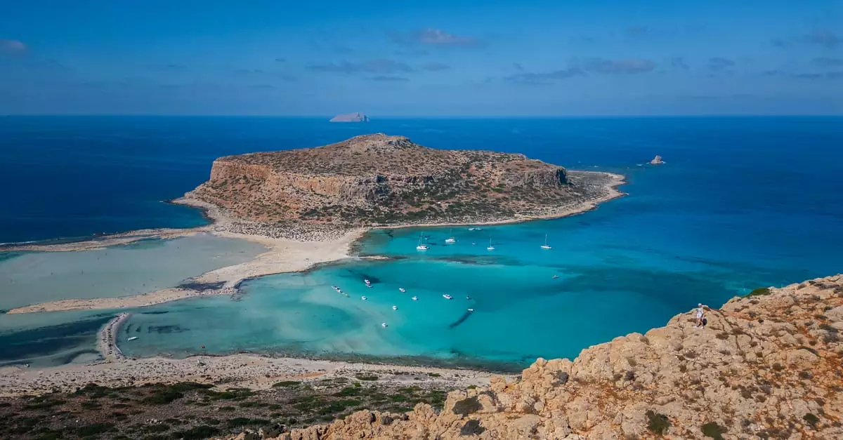 A breathtaking aerial view of Balos Beach in Greece with turquoise waters and sandy shores.