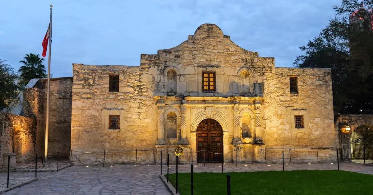 The historic Alamo in San Antonio, Texas, beautifully lit at dusk, showcasing its iconic architecture.