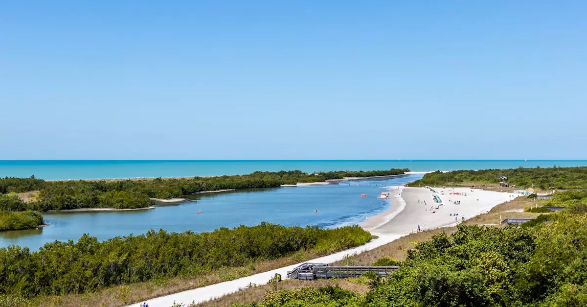 Stunning aerial view of Tigertail Beach with lush greenery, sand, and ocean in Marco Island, Florida.