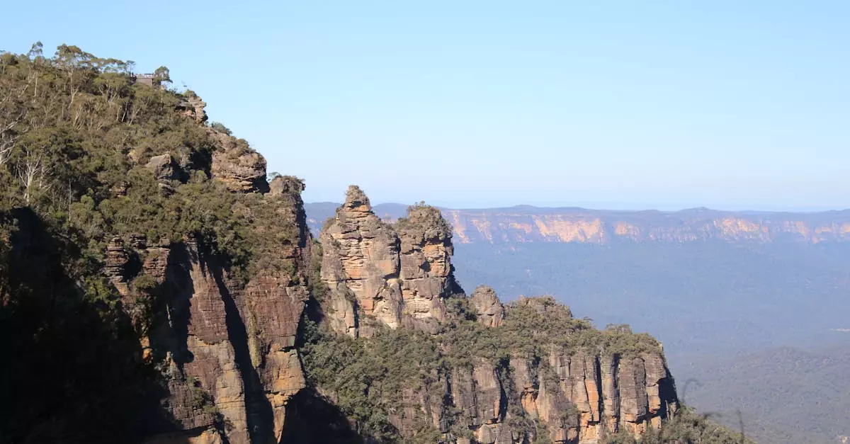 Stunning view of the Three Sisters rock formation in Blue Mountains, Katoomba, Australia.