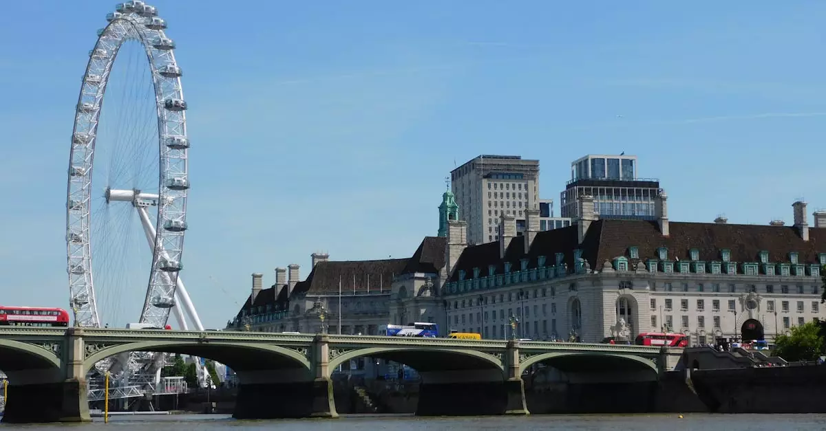 A scenic view of the London Eye and River Thames with historic architecture and clear sky.