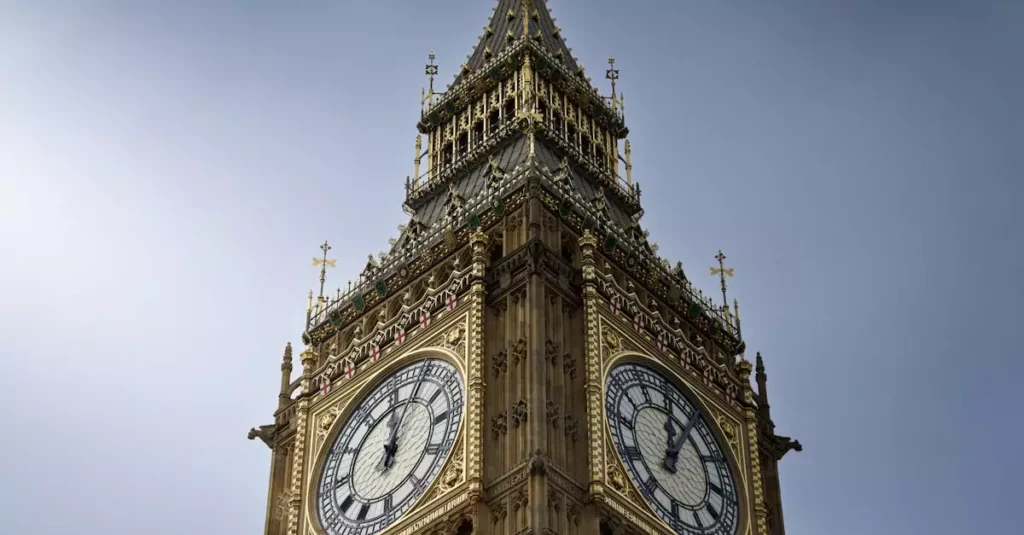 A close-up view of London's famous Big Ben clock tower under a clear blue sky.