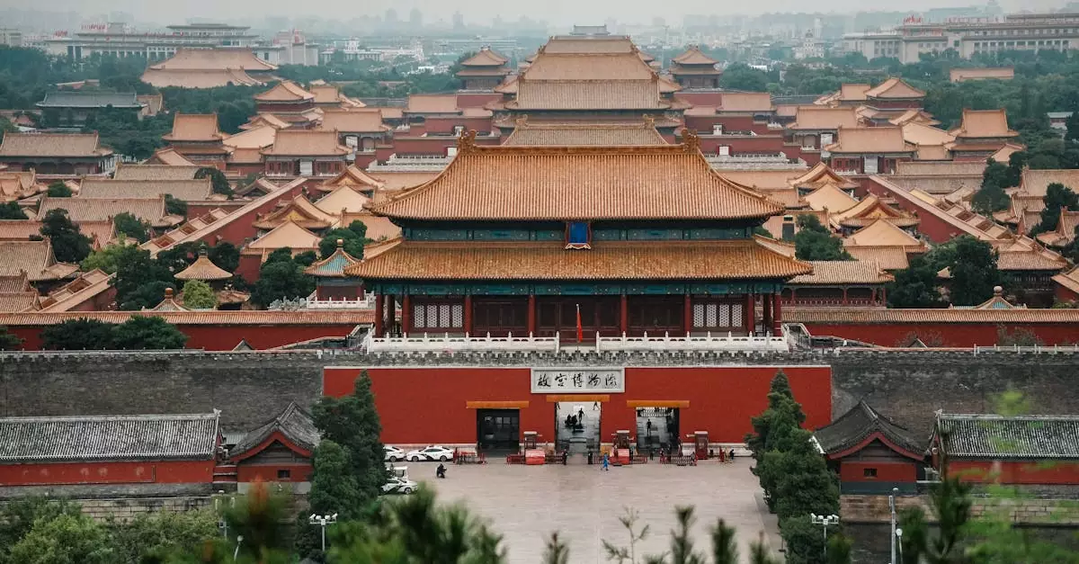 A stunning aerial view of the Forbidden City in Beijing, showcasing its historic architecture.