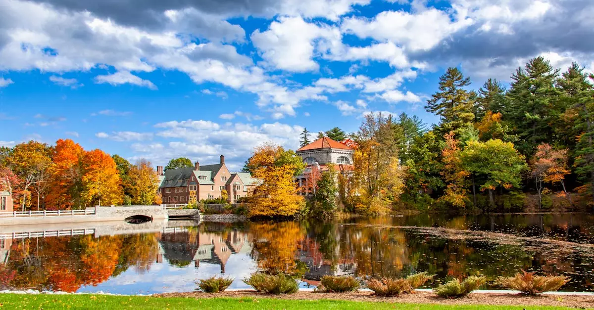 Picturesque autumn landscape featuring vibrant foliage and calm waters in Concord, NH.