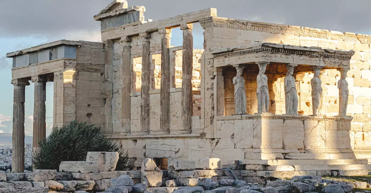 Ancient Erechtheion temple with caryatids at the Acropolis in Athens, Greece, illuminated by sunlight.