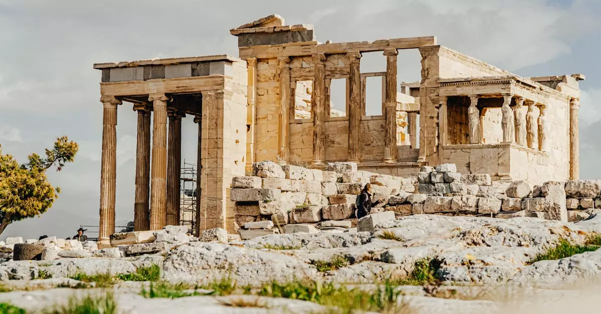 View of the ancient Erechtheion Temple on the Acropolis in Athens, Greece.