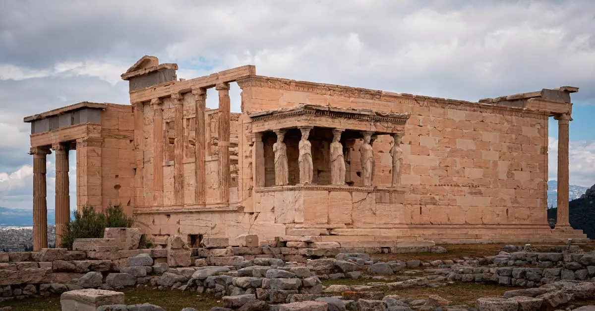 View of the ancient Erechtheion Temple with its iconic Caryatids, located at the Acropolis in Athens, Greece.