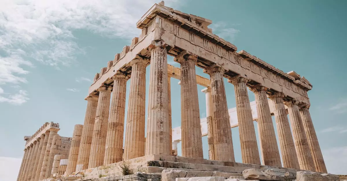 From below of Parthenon monument of ancient architecture and ancient Greek temple located on Athenian Acropolis