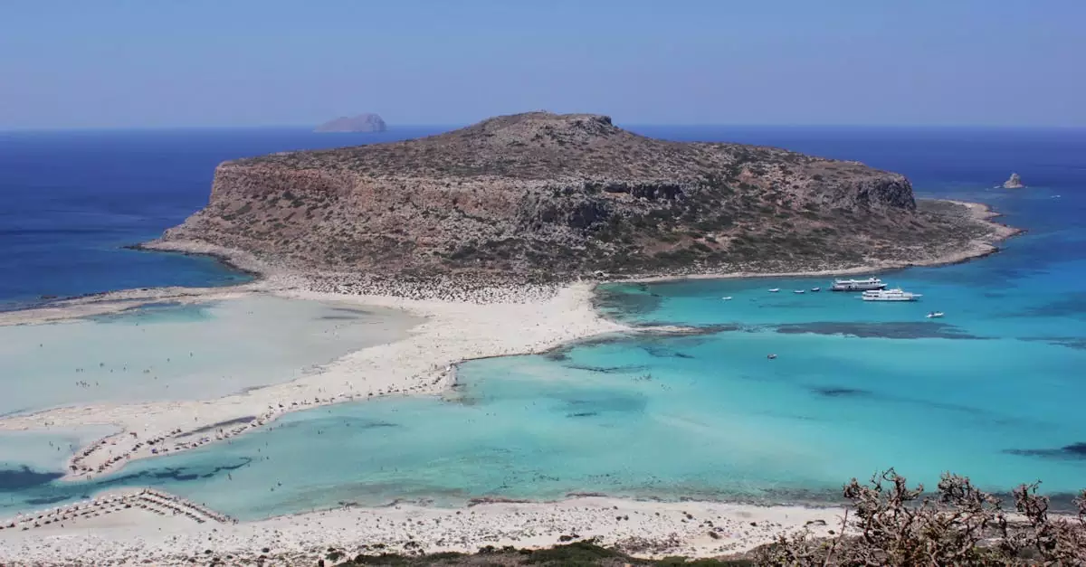 Discover the stunning turquoise waters and sandy shores of Balos Beach in Crete, Greece from above.
