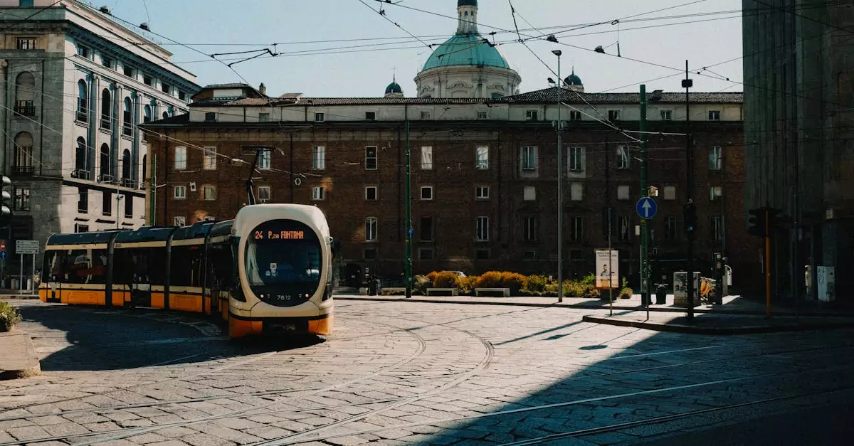 A modern tram navigates the charming streets of an old city, showcasing urban life and historic architecture.