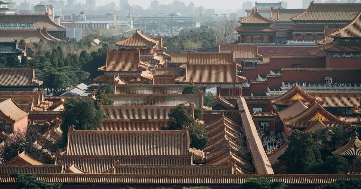 Explore an aerial view of Beijing's Forbidden City showcasing traditional Chinese architecture.