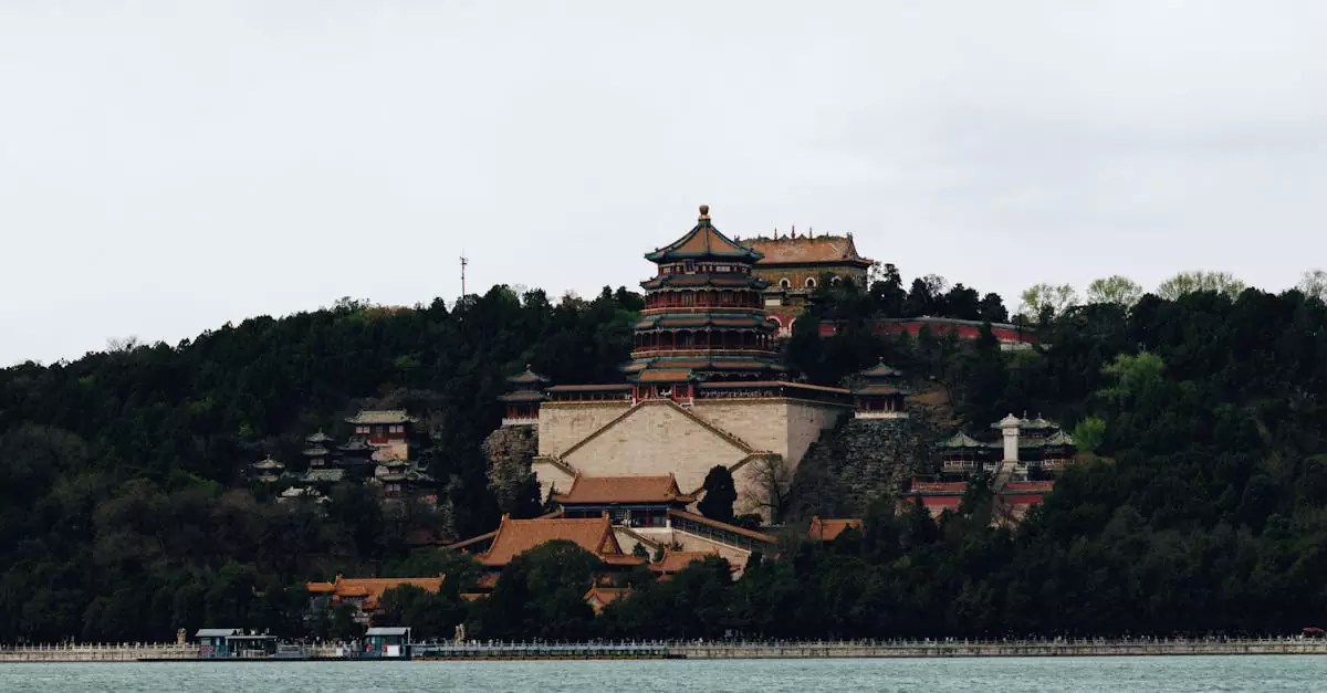 Scenic view of the Summer Palace in Beijing surrounded by lush greenery and serene water.