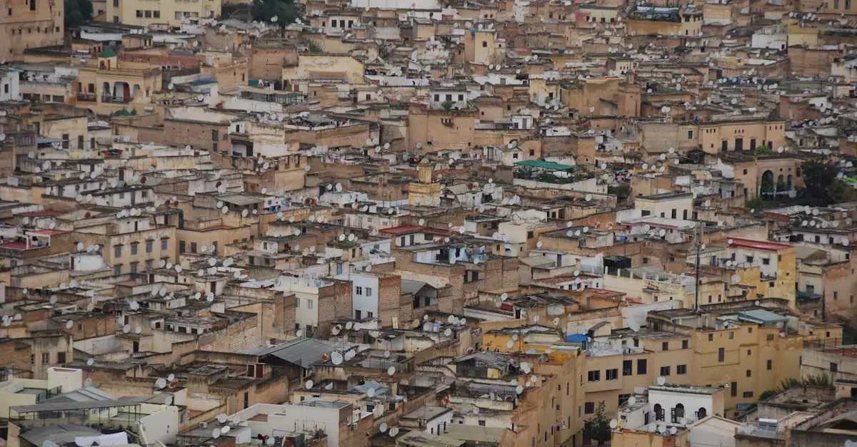 A stunning aerial view showcasing the dense and historic townscape of Fes, Morocco, capturing its unique architecture.
