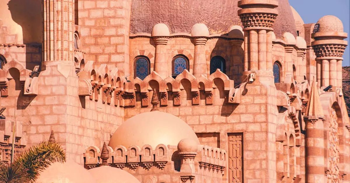 Detailed view of Al Sahaba Mosque's intricate sandstone architecture in Sharm El Sheikh, Egypt.