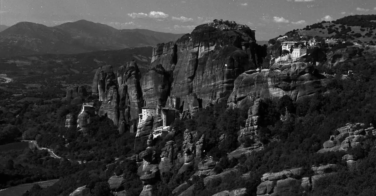 Black and white photo of Meteora's UNESCO world heritage site in Greece.