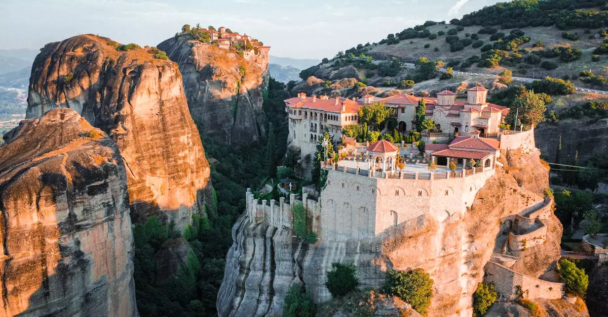 Breathtaking aerial view of Meteora monasteries perched on rock formations in Kalampaka, Greece.