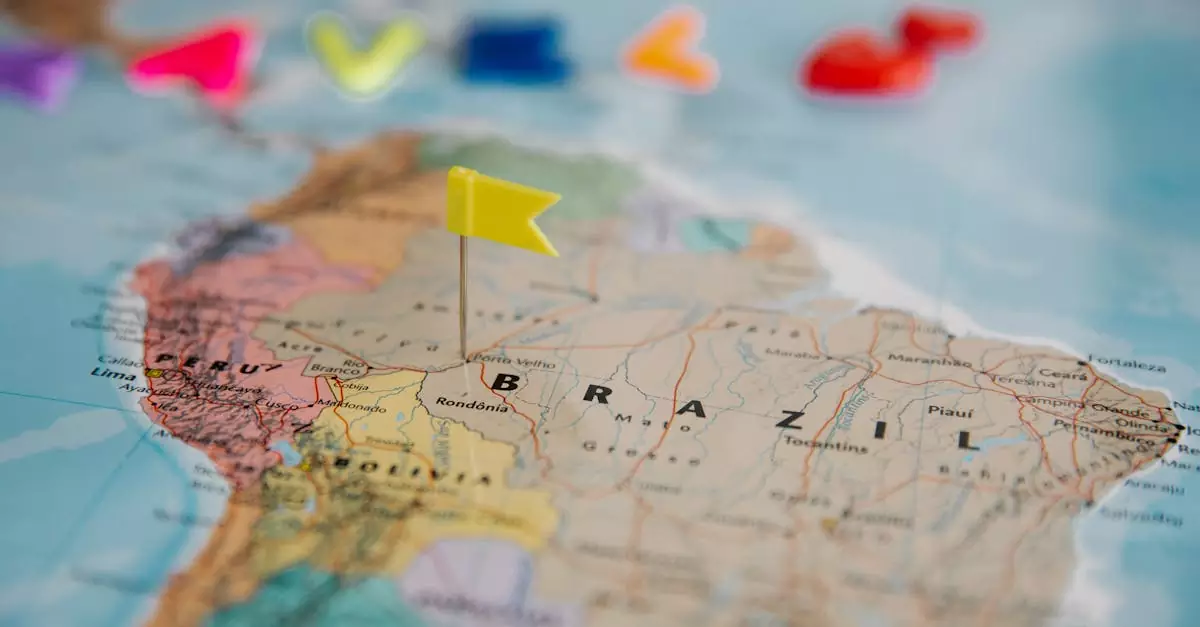Detailed close-up map of South America highlighting Brazil with a yellow flag pin.